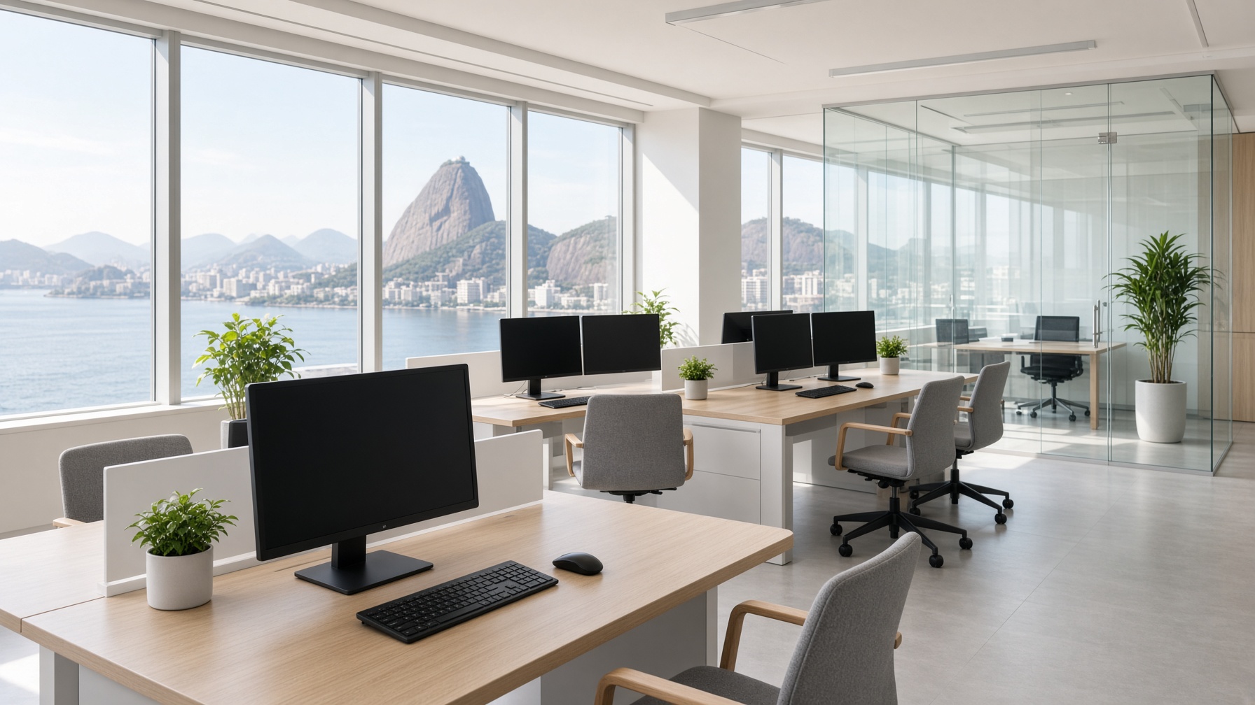Escritório comercial claro, com mesas, monitores e luz natural